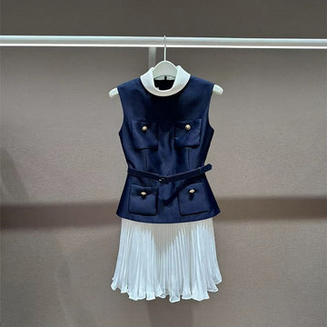 New Blue And White Collar Collar Fake Two Sleeveless Dress Temperament Famous Wind Thin Short Dress 2025 Summer